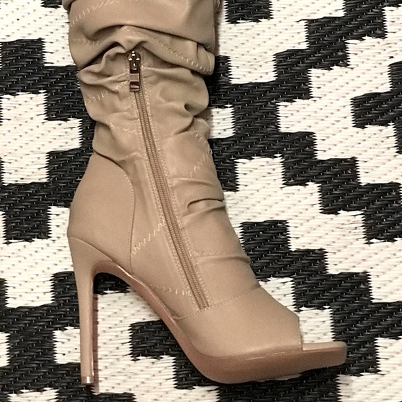 Pazzle Victoria Over The Knee Taupe Faux Leather Ruched Stiletto Thigh High Boot - Picture 8 of 9